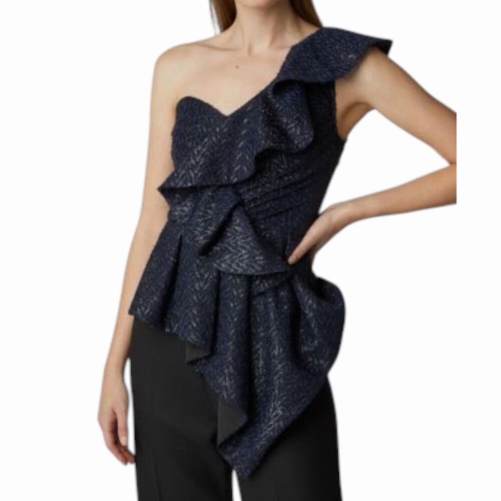 Self-Portrait Metallic Fil Coupe Asymmetric One Shoulder Ruffle Peplum Top 0